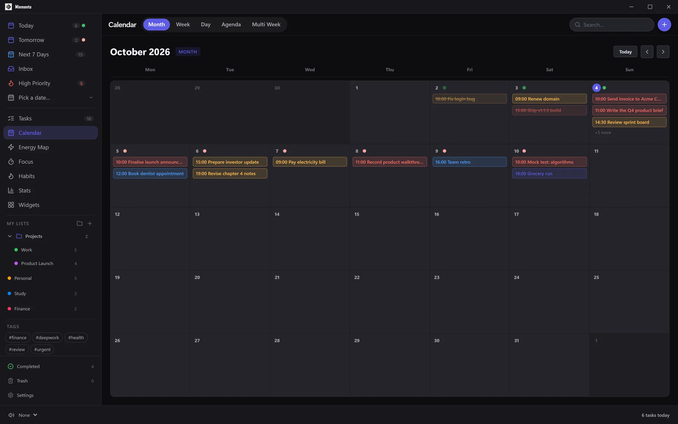 Minmento month calendar with scheduled tasks