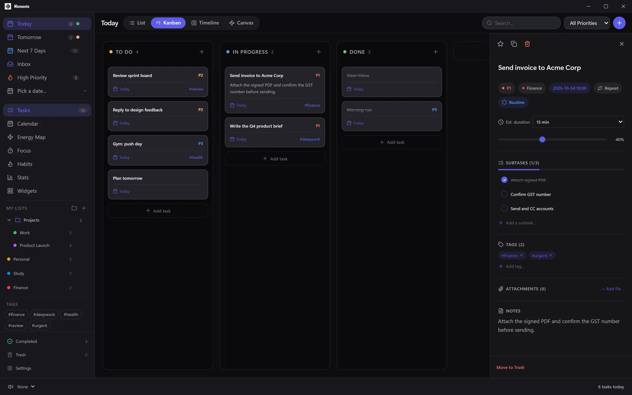 Minmento Kanban view with the task drawer open
